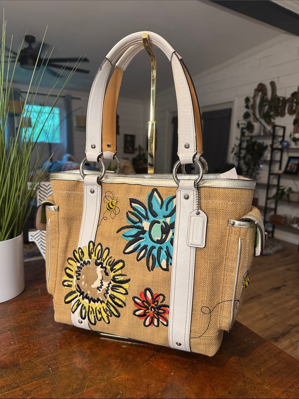 Vintage Limited Edition Coach Canvas Floral Tote Bag with White Trim